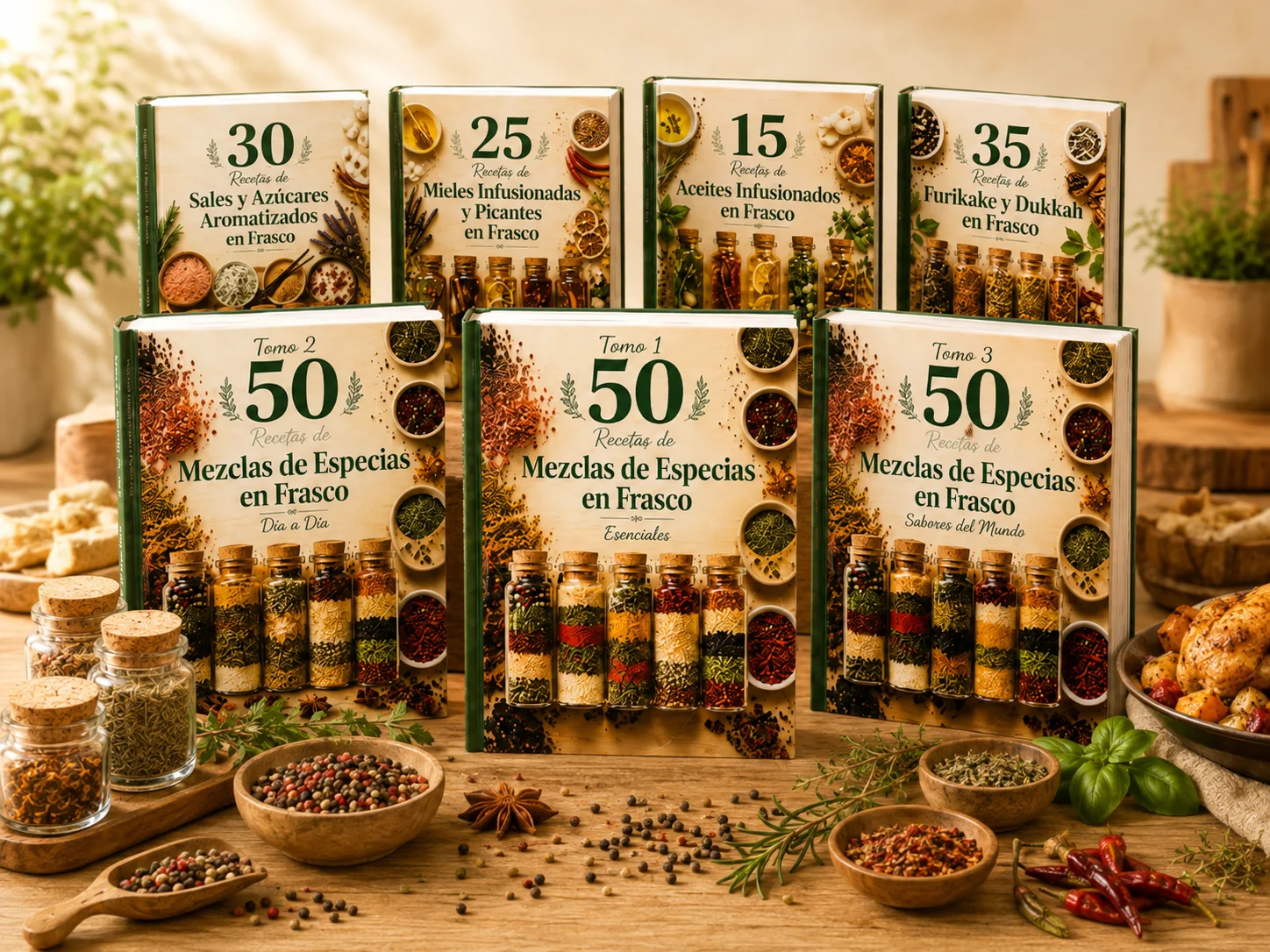 Recetario principal de 50 mezclas de especias en frasco con los 4 bonos sobre mesa de madera