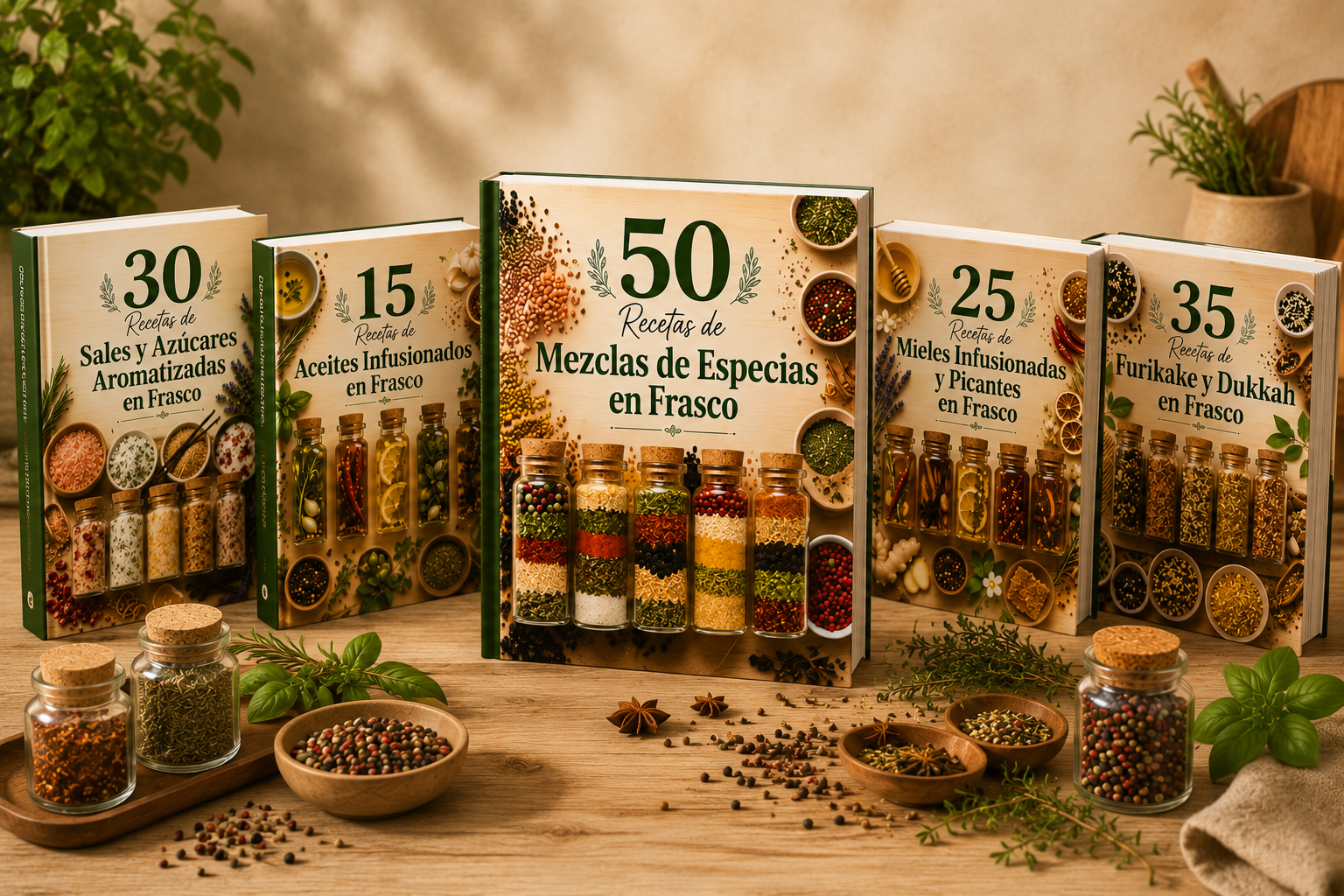 Bundle con el recetario principal de 50 mezclas de especias y los 4 bonos incluidos
