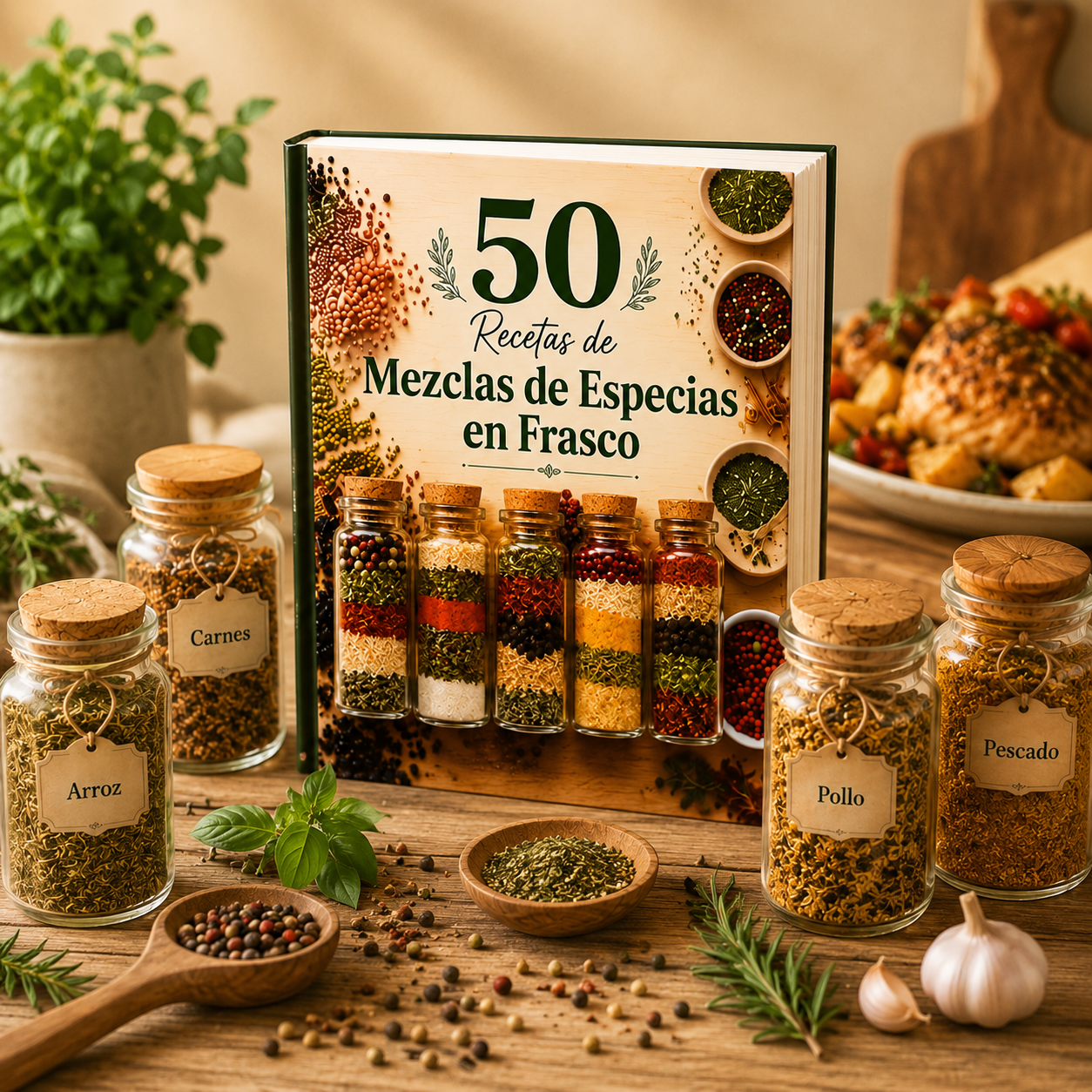 Recetario digital 50 Recetas de Mezclas de Especias mostrado en libro impreso y tablet, junto a frascos de especias